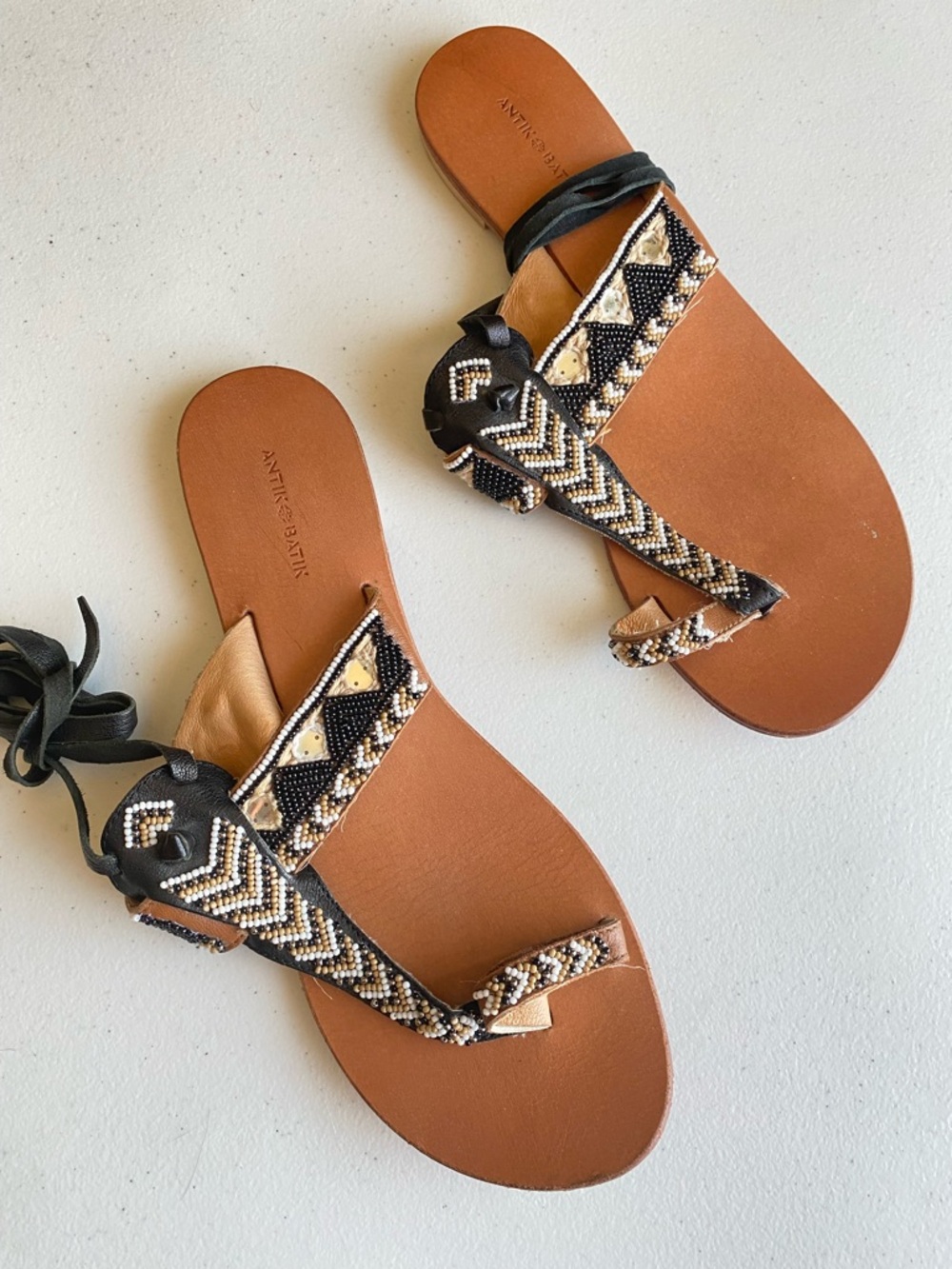 Antik Batik Size 40 Genuine Leather Tan & White Beaded Strap Lace-up Sandal